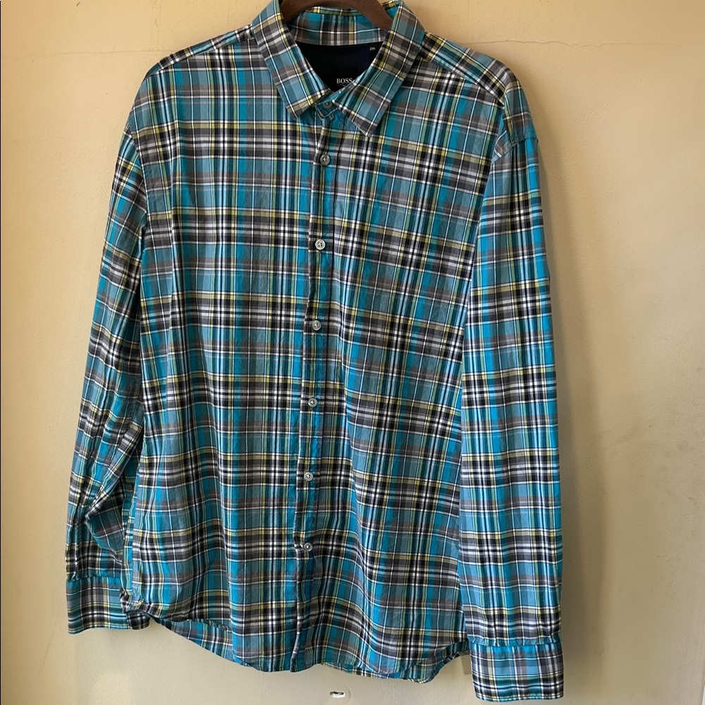 Hugo Boss Blue and Yellow Plaid Casual Shirt
